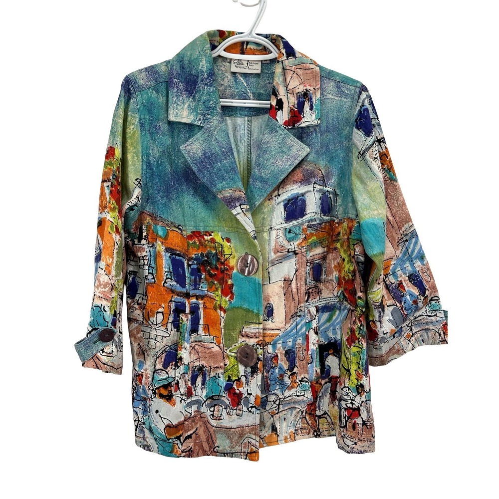 Michael Leu Wearable Art Jacket Medium Mediterranean Village Scene Print Blazer